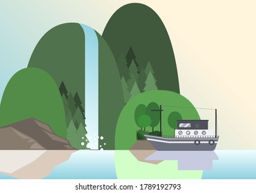 Summer mountain and river illustration. Landscape banner template. Green and blue vector graphic design. 