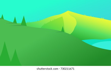 Summer mountain scenery with pine trees and hills.