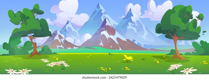 Summer mountain valley with flowers and trees. Vector cartoon illustration of green spring field with grass and bushes, rocky cliffs with glacier, white clouds in sunny blue sky, beautiful scenery