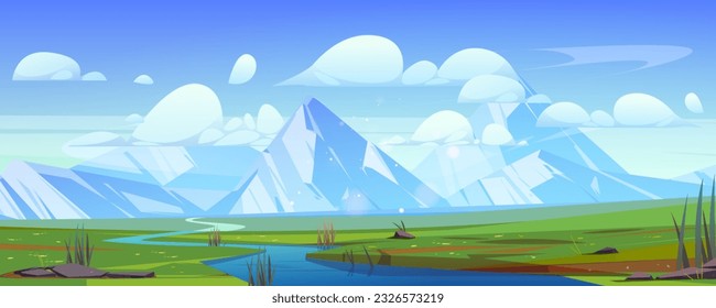 Paisaje del valle montañoso de verano con río. Dibujo vectorial de hierba verde, nubes blancas en un cielo azul soleado, picos con nieve, arroyos de agua que fluyen desde un rango rocoso
