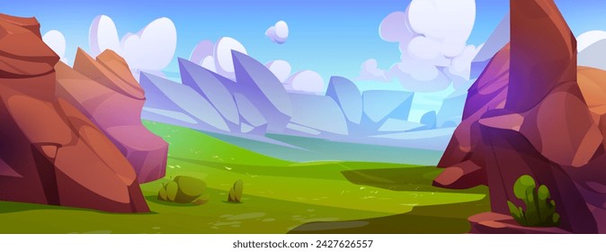 Summer mountain valley landscape. Vector cartoon illustration of prehistoric scenery covered with green grass and cracked stones, shadows of rock on ground, clouds in blue sunny sky, canyon background