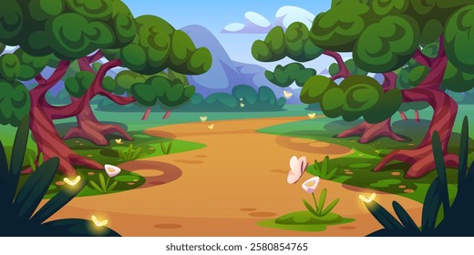 Summer mountain valley with neon flowers and butterflies. Vector cartoon illustration of beautiful green scenery with park road, trees and bushes, grass, clouds in sky, sunny spring camping site