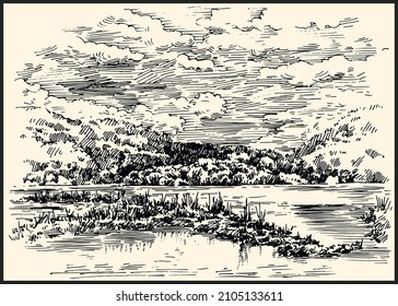 Summer mountains, cloued sky and lake. Pen and ink black and white dashed drawing. 
