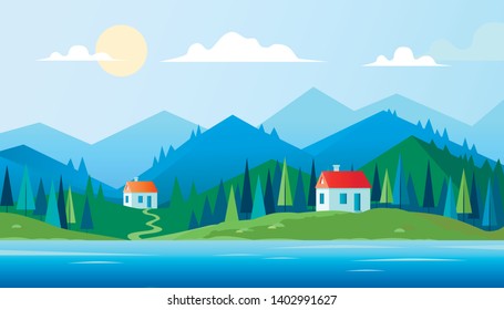 Summer mountains landscape and lake color vector illustration