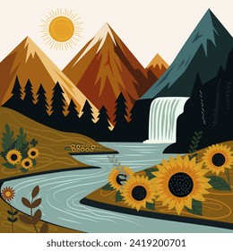 Summer mountains landscape with waterfall and blue river. Valley with yellow blooming sunflowers. Colorful wild flora. Artistic drawing of mountain forest. Countryside poster. Vector illustration