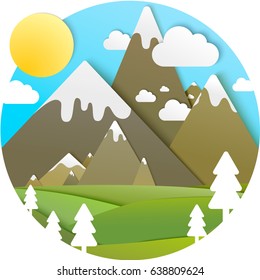 Summer mountains and meadow material design paper cut effect icon illustration