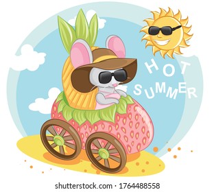 Summer mouse on a scooter.Children's illustration of a mouse with sunglasses on a strawberry car. 