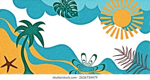 Summer multicolor frame, sea and sky, sun and tropics, summer vacation, noisy texture, vector banner