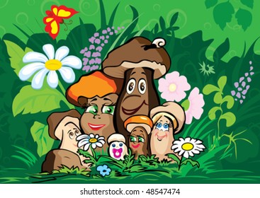 Summer, mushroom family in a grass. The size of the document can be changed without loss of quality.