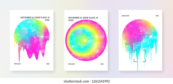Summer music. Abstract presentation template set for trance club. Fluid holographic gradient shape and line. Electronic sound. Night dance holiday. Summer music fest poster and flyer.