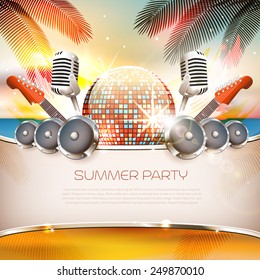 Summer music background with disco ball, speakers, guitar and palm tree - Vector with place for your text