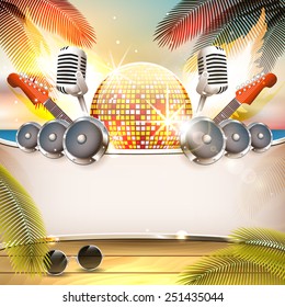 Summer music background with disco ball, speakers, guitar and palm tree - Vector with place for your text