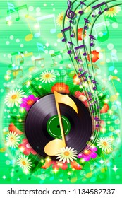 Summer music background with flowers, notes and vinyl record. It can be used as a banner, poster for invitation card to a music festival or concert.