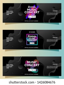 Summer music concert banner template collection with colorful abstract shapes on black background