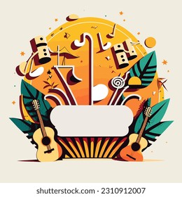 Summer music and dance festival. Musical instruments guitars in the background. Cartoon vector illustration. Invitation, label, sticker