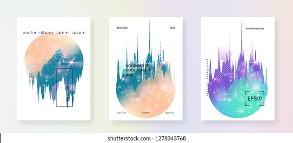 Summer music. Electronic sound. Night dance holiday. Geometric banner design set for disco party. Fluid holographic gradient shape and line. Summer music fest poster and flyer.