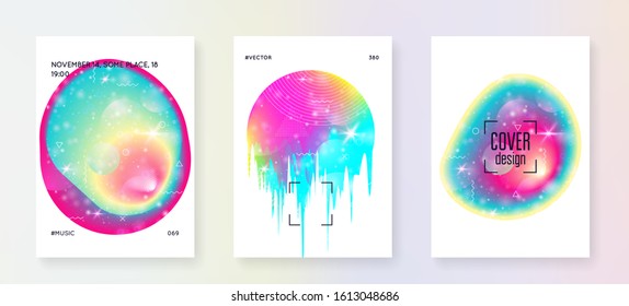 Summer music. Electronic sound. Night dance holiday. Cool invitation design set for trance show. Fluid holographic gradient shape and line. Summer music fest poster and flyer.