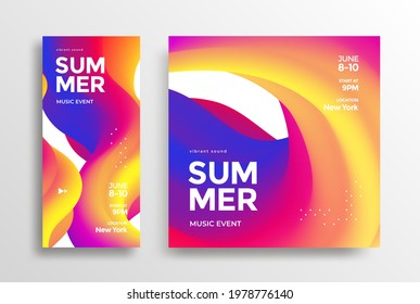 Summer music event social media banner, story and post template. Abstract gradients waves for mobile app music background. Vector