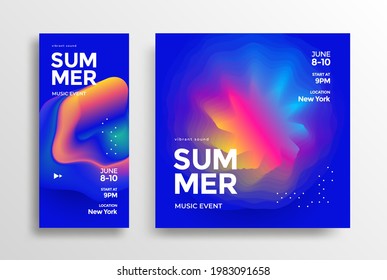 Summer Music Event Social Media Banner, Story And Post Template. Abstract Gradients Fluid Shapes For Mobile App Music Background. Vector Minimal Poster Layout