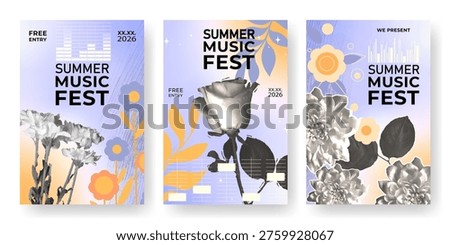 Summer music fest banners set with photocopy flowers on gradient background. Vector realistic illustration of art festival poster design, creative floral collage, vintage invitation to song concert