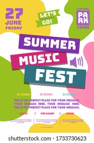 Summer music fest party poster flat cartoon style for electronic music fest, club party flyer, dance festival. Vector 10 eps