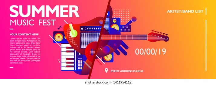 Summer music festival banner design template with colorful music instrument shape on gradient background