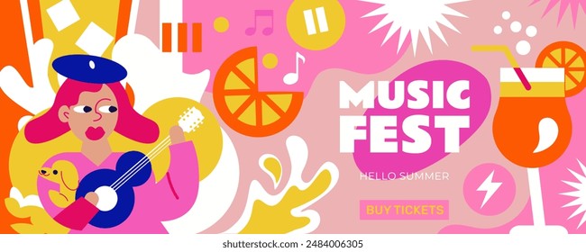 Summer music festival banner to open the warm season. Fresh atmosphere, cool drinks, music, a woman playing the guitar. Perfect for summer parties, outdoor festivals and more.