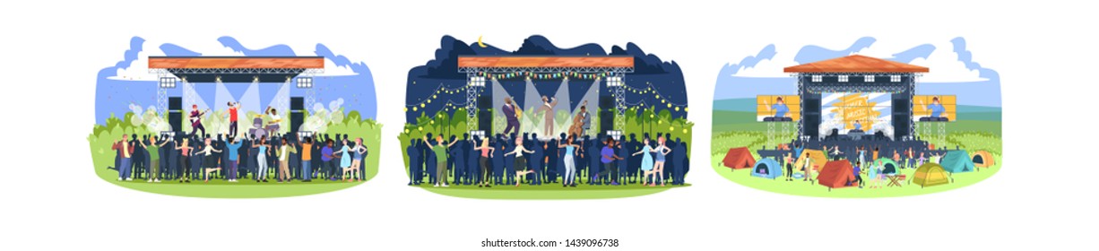 Summer music festival flat vector illustrations set. Rock, jazz, electronic musician concert. Summertime fun outdoor activity. People in open air live performance isolated cartoon characters