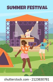 Summer music festival invitation poster template, people dancing and listening to DJ, flat vector illustration. Concept of outdoor recreation and camping.