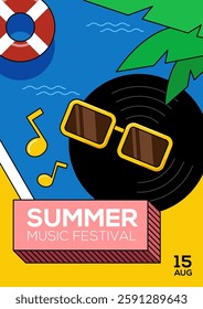 Summer music festival invitation poster template design. Vinyl record with swimming pool on yellow background. Can be used for print, banner, brochure, invitation, vector illustration