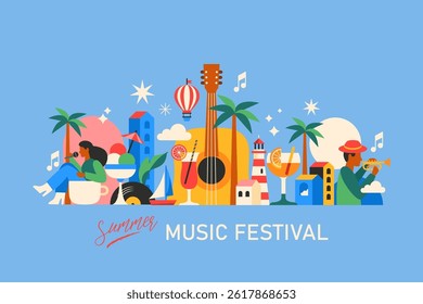 Summer music festival modern poster design in trendy geometrical style. Template for cards, banner and background