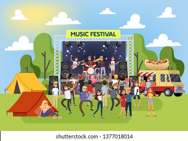 Summer Music Festival Outdoor. Crowd Of People Dance, Band On The Stage Play Song And Sing. Summer Activity. Vector Illustration In Cartoon Style