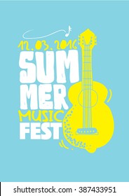 Summer Music Festival poster/ Music concert ad/ Summer party/ Hand drawn musical instruments and typography/ Asian festival and celebrations/ Summer invitation card design/ Lemon guitar art