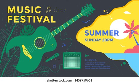 Summer Music Festival Poster Design With Green Guitar And Tropical Leaves. Concert Banner Vector Template.