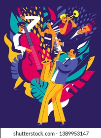 Summer music festival poster. Multiple musicians composition on abstract floral background. Modern flat colors illustration. 