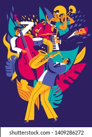 Summer music festival poster. Multiple musicians composition on abstract floral background. Modern flat colors illustration. 