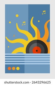  summer music festival poster with sun and vinyl record – minimalist Bauhaus-style vector illustration