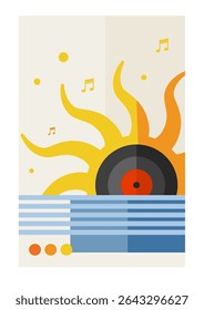  summer music festival poster with sun and vinyl record – minimalist Bauhaus-style vector illustration
