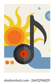 summer music festival poster with sun, musical note, and vinyl record – minimalist Bauhaus-style vector illustration