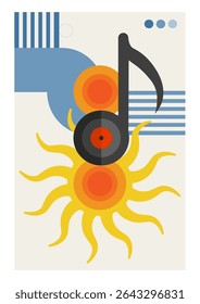 summer music festival poster with sun, musical note, and vinyl record – minimalist Bauhaus-style vector illustration