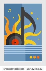 summer music festival poster with sun, musical note, and vinyl record – minimalist Bauhaus-style vector illustration