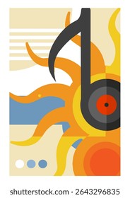 summer music festival poster with sun, musical note, and vinyl record – minimalist Bauhaus-style vector illustration