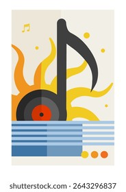 summer music festival poster with sun, musical note, and vinyl record – minimalist Bauhaus-style vector illustration