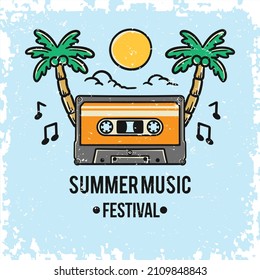 summer music festival poster template illustration with cassette and coconut tree clipar