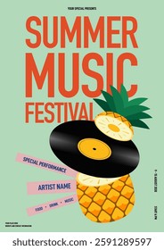 Summer music festival poster template design. Bold typography with vinyl record and pineapple on green background. Can be used for print, banner, brochure, invitation, vector illustration