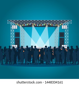 Summer music festival poster vector template. Open air concert. Brochure, cover, booklet page concept design with flat illustrations. Audience, stage. Advertising flyer, leaflet, banner layout idea