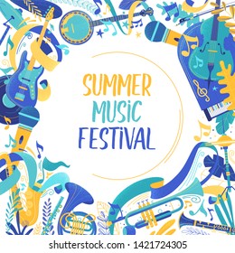 Summer music festival social media banner template. Classical concert, blues and jazz band performance. Musical event poster with text space. Woodwind and string music instruments illustration