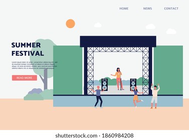 Summer music festival website mockup with people dancing and singing near stage, flat vector illustration. Open air music party characters in landing page design.