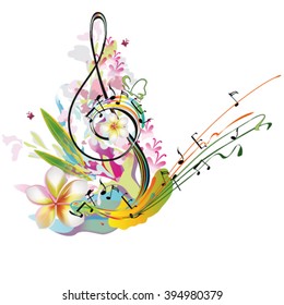 Summer music with flowers and butterfly, colorful splashes.