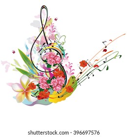 Summer music with flowers and butterfly, colorful splashes.